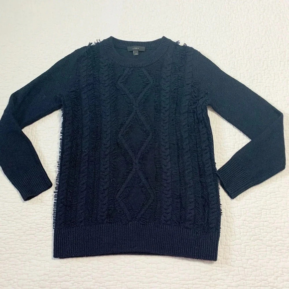 J.Crew Navy Blue Cable Crewneck Fringe Sweater - Picture 3 of 5
